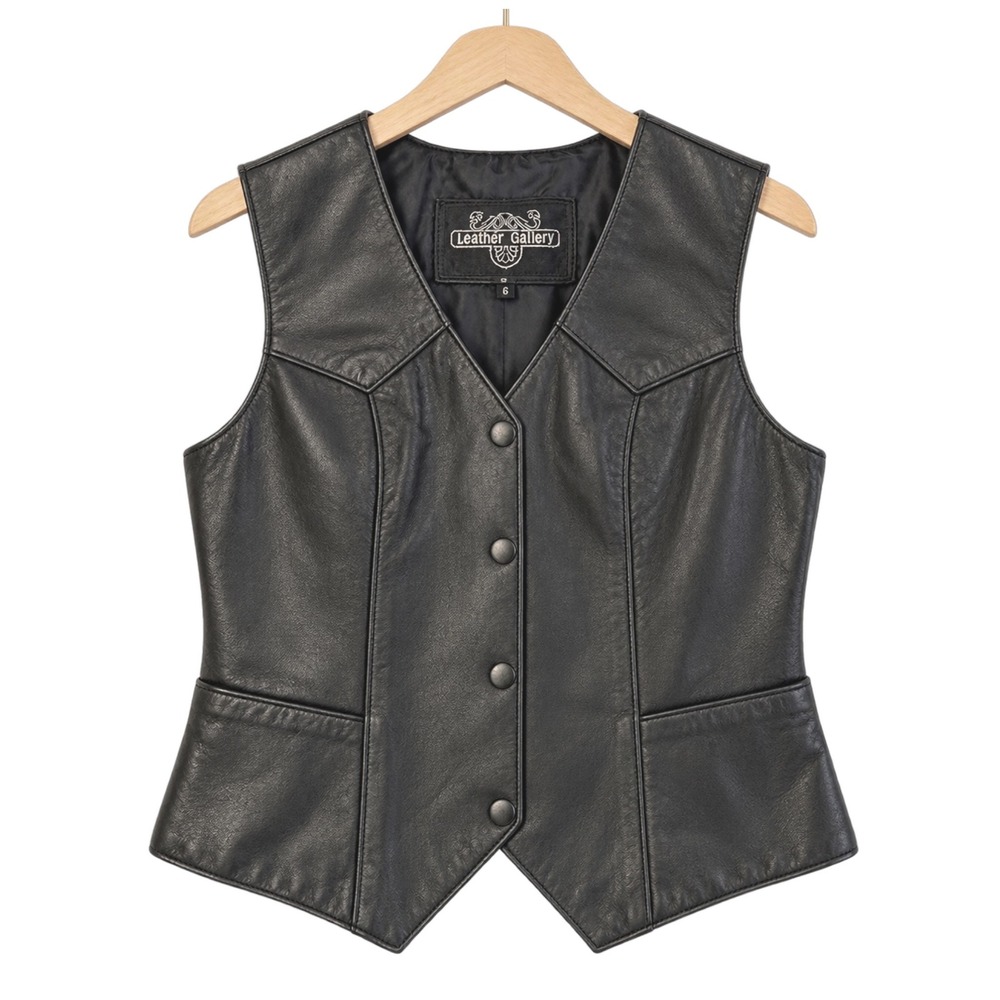 Leather Gallery Womens 6 Black Leather Vest Western Biker Moto Vintage 90s Snap